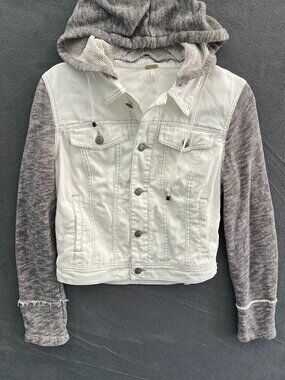 Free People White Distressed Denim Knit Removable Hood Jean Jacket Pockets M